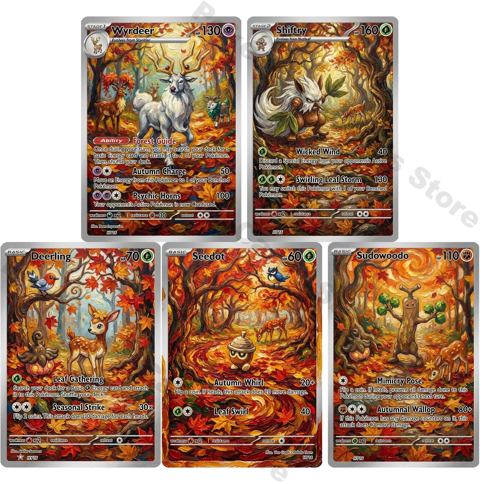 Pokemon Cards PTCG Oil Painting Style Stantler Shiftry Deerling Seedot Sudowoodo Collection Cards Rare Cards Set Pokemon Gift
