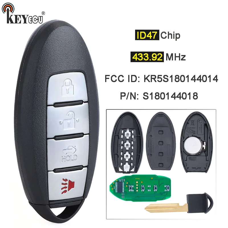 

KEYECU 433.92MHz ID47 P/N: S180144018 Keyless Go Smart Remote Car Key Fob 3+1 4 Button for Nissan Altima Maxima 2013 2014 2015