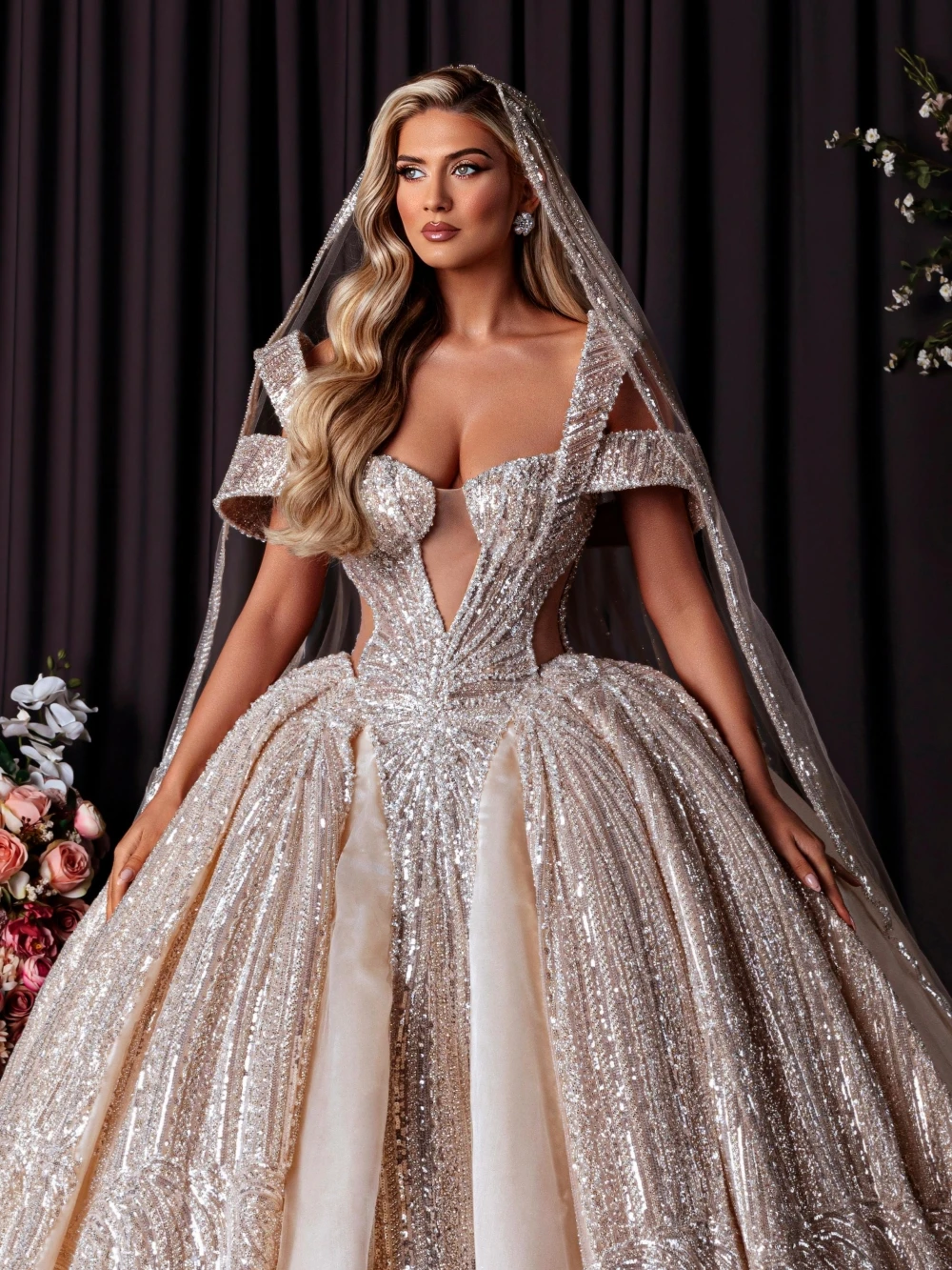 Robe de mariée longue luxueuse, entièrement perlée, épaules dénudées, col en cœur de rêve, robes de princesse personnalisées pour mariée