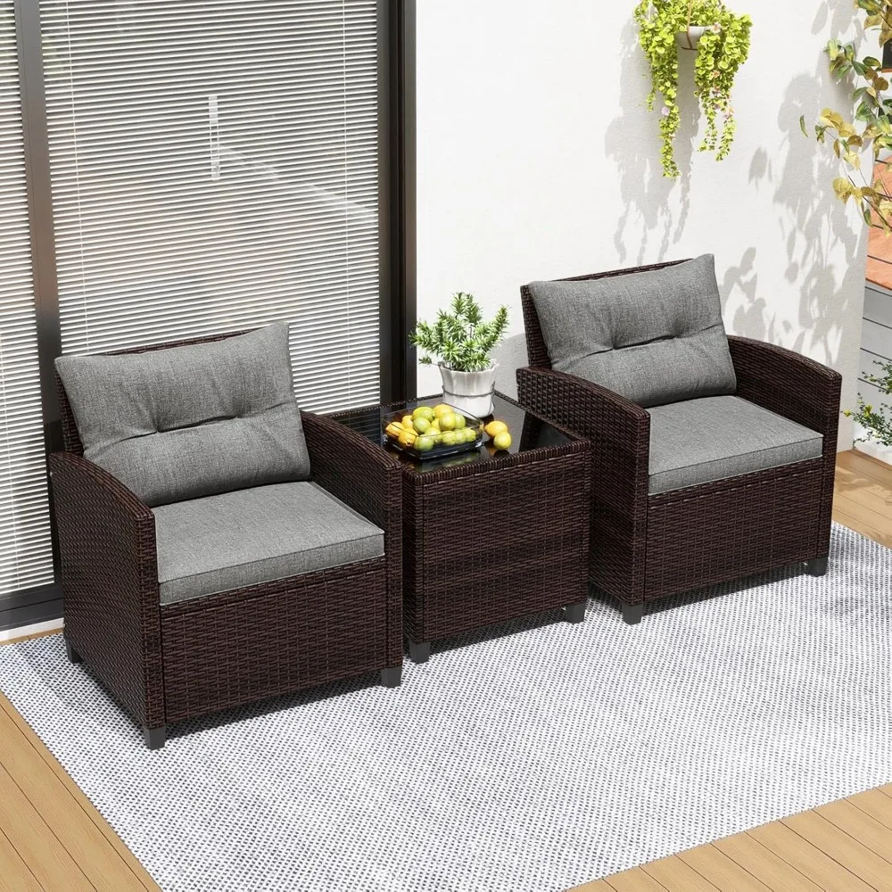 

3-piece terrace furniture set, PE rattan 3-piece outdoor sofa with washable cushions and tempered glass tabletop