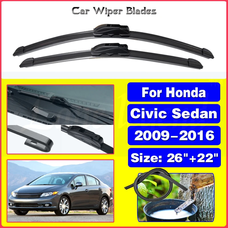 

Front Wiper Blades For Honda Civic Sedan 2009 - 2016 Windshield Windscreen Brushes Cutter Accessories U J Hook 2014 2015 26"+22"