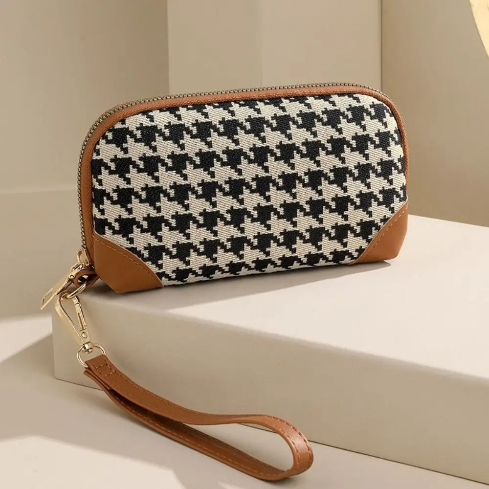 Pu Leather Long Style Wallet Canvas Car Key Bag Houndstooth Zipper Purse Money Clip Card Holder Square Change Purse Girls