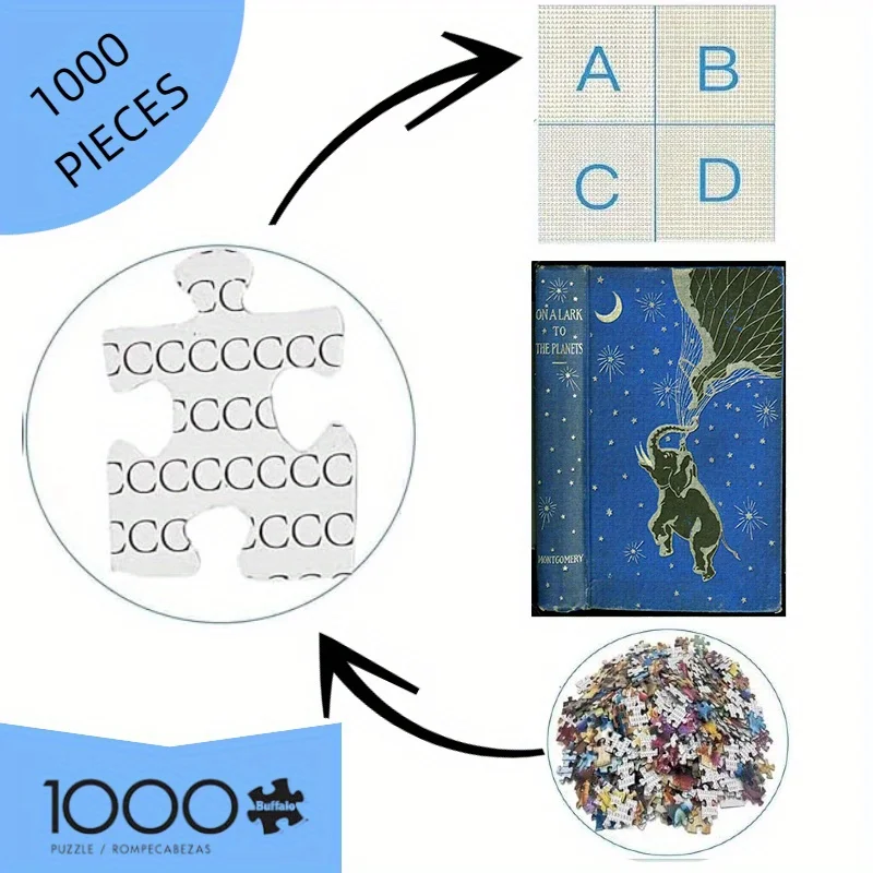 paper puzzle, DIY jigsaw puzzle, elephant flying to the planet, starry sky, universe. High-quality white cardboard material,