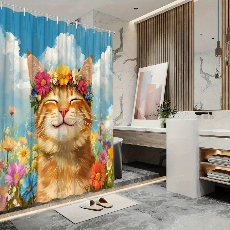 

~O~Занавеска для душа с цветочной короной и имбирем и котом — «Причудливый луг», полиэфирная ткань, 12 крючков, 70,8x70,8 дюйма, моющаяся, сухая линия