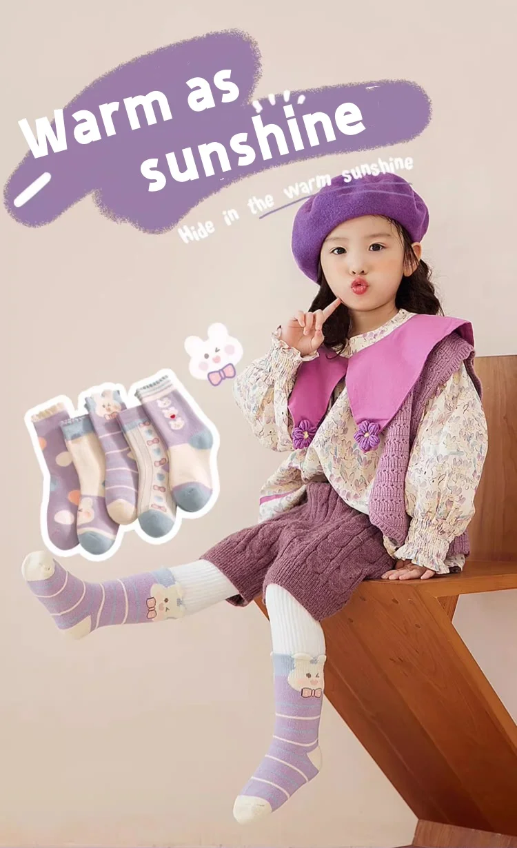 Wintersocken für Mädchen, dicke Baumwolle, warme Socken, kleine große Mädchen, florale Hasensocken, 5 Paar/Beutel, wadenlange Thermo-Frottee-Socken für Babys – Detail 1
