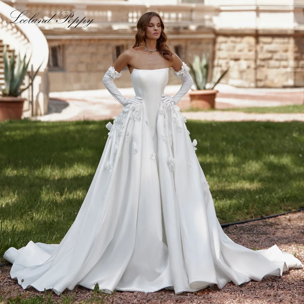 Lceland Poppy Customized A Line Strapless Satin Wedding Dresses Sleeveless Corset Back Bridal Gowns with 3D Flowers