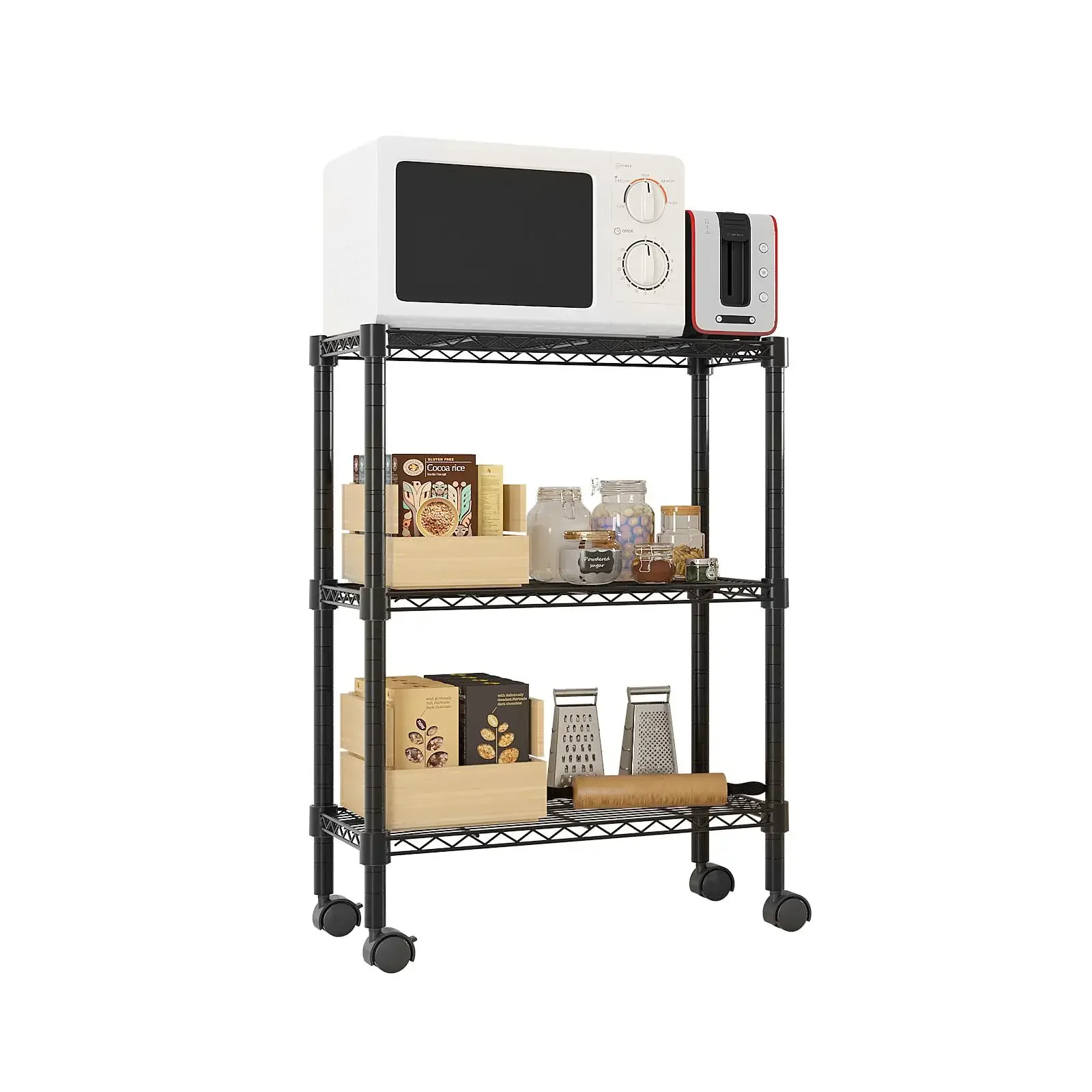 

3-Layer Plastic Coated Iron Shelf with 1.5" Plastic Wheels 350*600*850 Black