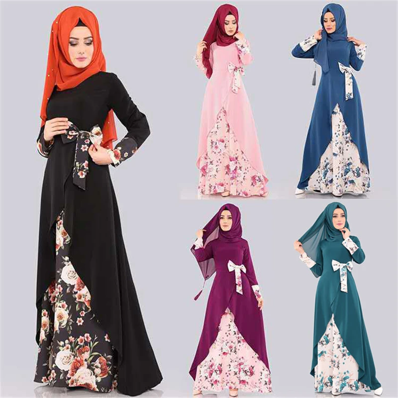 

Floral Print Maxi Dress Women Muslim Abaya 2024 Eid Mubarak Ramadan Dresses Dubai Turkey Kaftan Islamic Clothing Bow Abayas Gown