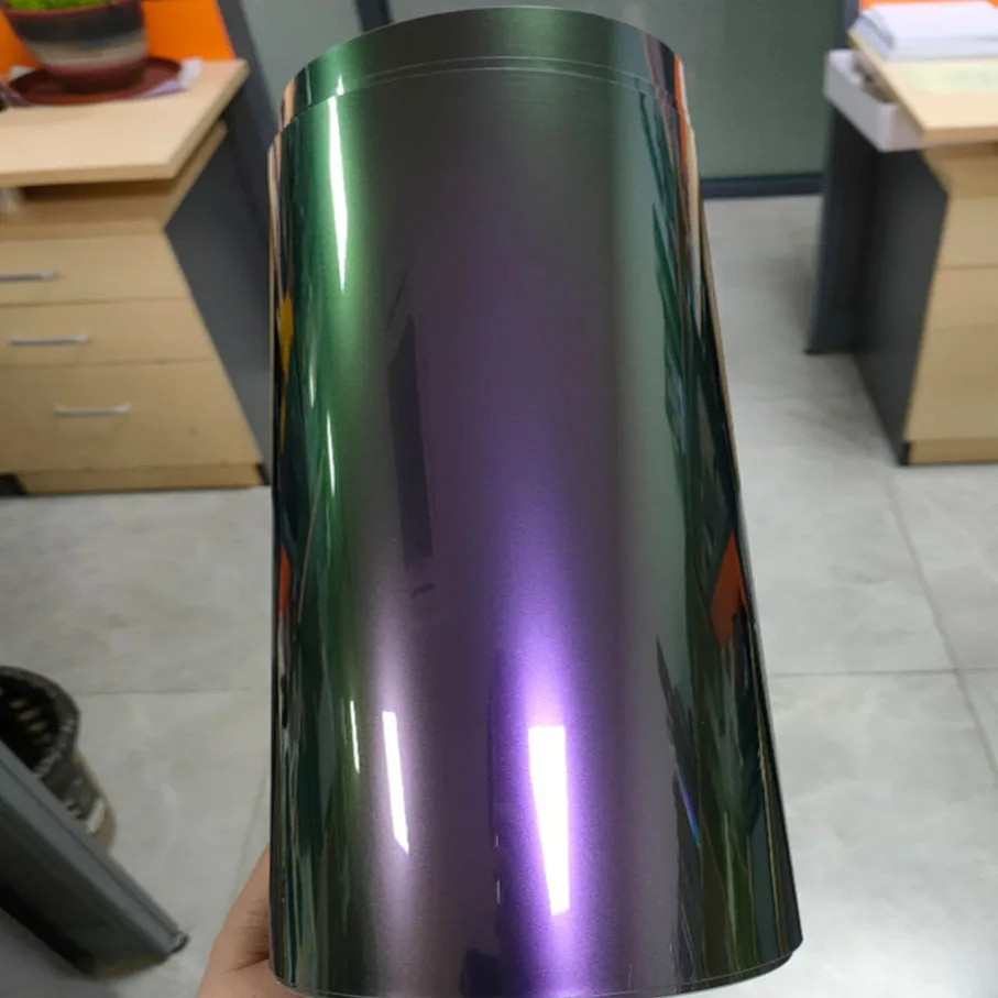 High Glossy PET Chameleon Diamond Green Purple Vinyl Wrap Magic Purple Vinyl Wrap Film Motorcycle Stickers Car Accessories