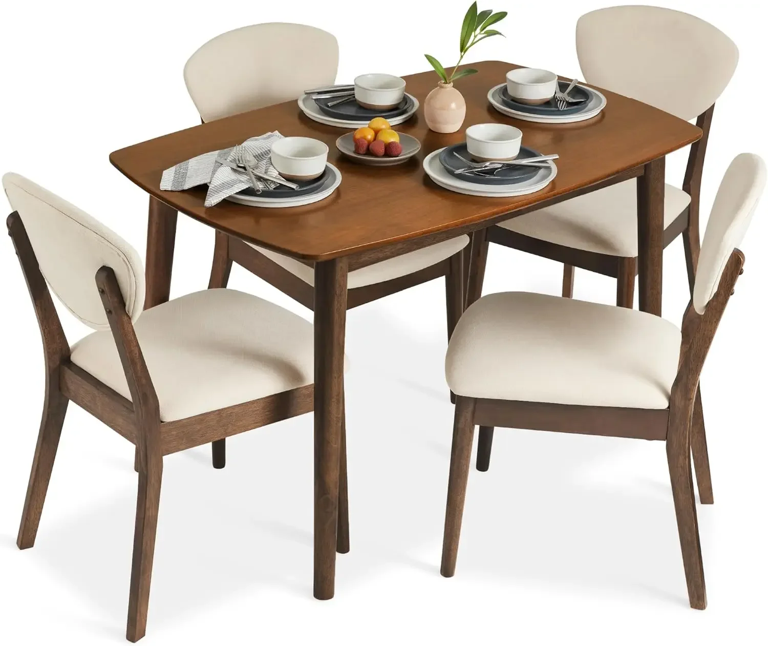 5-Piece Dining Set, Compact Mid-Century Modern Table & Chair Set for Home, Apartment w/ 4 Chairs, Padded