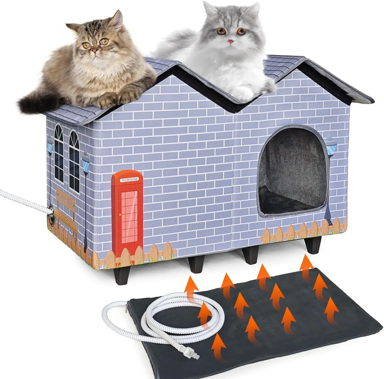 

Large Elevated Heated Cat House with Waterproof Bed for Indoor/Outdoor Use, Easy Assembly