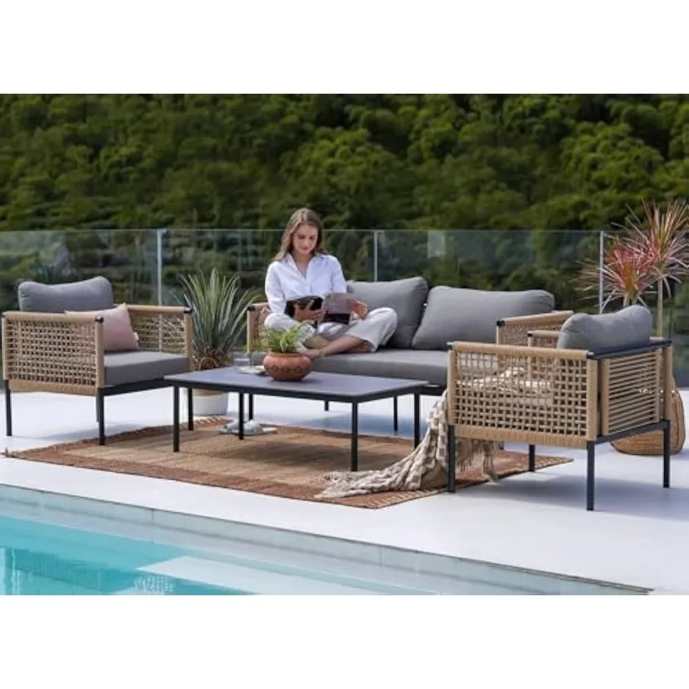 4-Piece Conversation Set Rust Free Patio Furniture Set Open-Weave Wicker Olefin Modern Sofa Seating for Garden Gray Balcony Sets