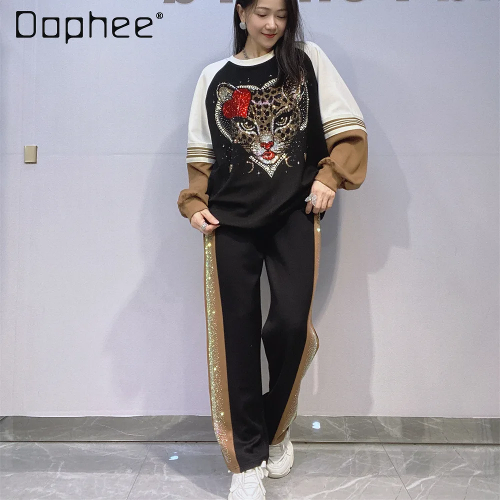 

Tiger Head Diamond-Encrusted Women's Set with Raglan Long Sleeve Round Neck Pullover Sweatshirt and Pants Casual Two-Piece Sets
