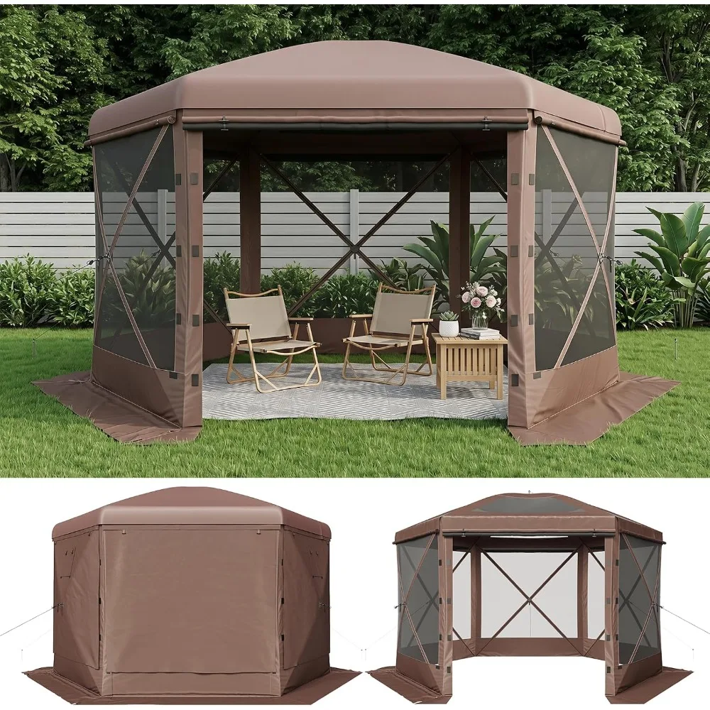 10x10 Pop Up Canopy Tent 6 Sided Gazebo Detachable Top Mesh Windows Screen House Outdoor Patio Backyard Lawn Brown