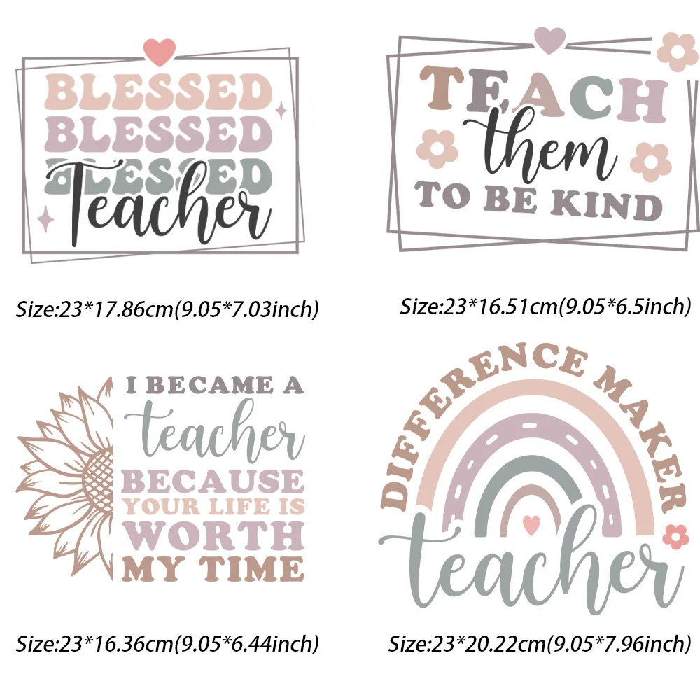 4 pieceLarge size Happy Teacher's Day Cartoon Patch Hot Press for Clothing DIY T-shirt Stickers