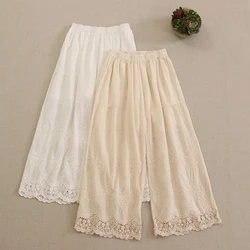 Japanese Sweet Mori Girl Lace Embroidery Hollow Out Cotton Wide Leg Pants Women Kawaii Elastic Waist Casual Loose Trousers