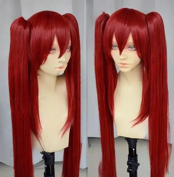 Popular Fairy Tail Scarlet Long Dark Red Straight Cosplay Wig + Two Clip on Ponytail