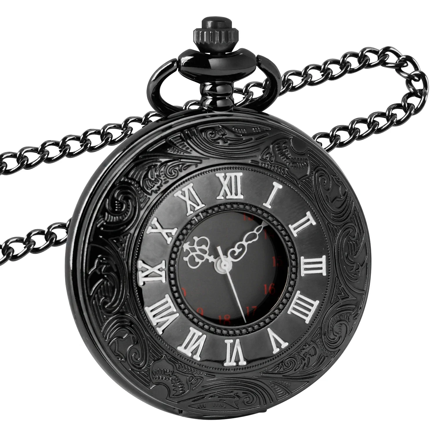 

All Hunter Vintage Black Quartz Pocket Watch Roman numerals Display Scale Chain Watches Necklace Dropshipping