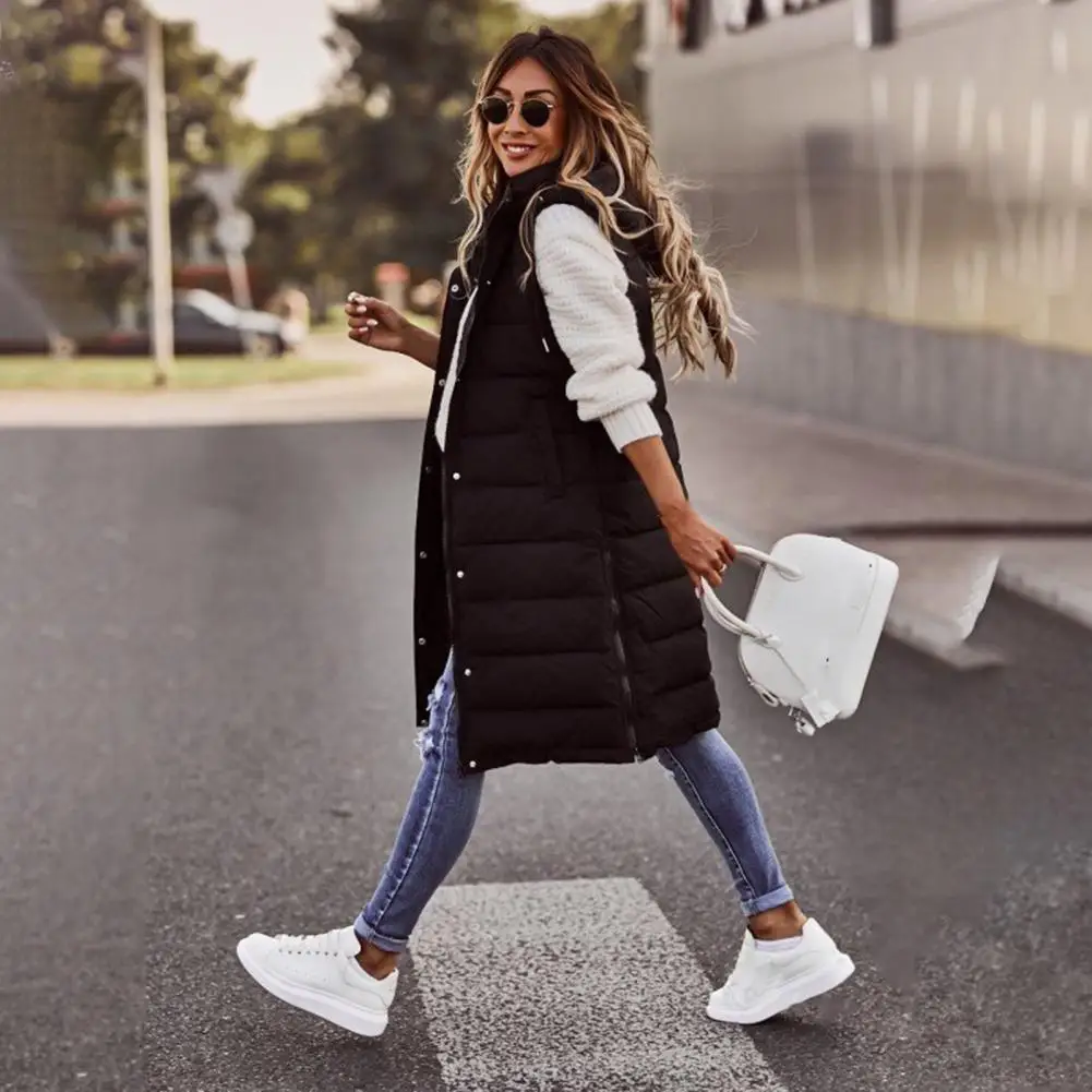 Down Waistcoat  Fashion Long Type Hooded Warm Cotton Puffer Waistcoat  Loose Puffer Vest