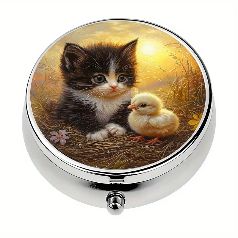 1-Pack Three-Compartment Cute Kitten and Chick Themed Mini Pill Box, Pill Storage Box, Easy to Carry, Unique Gift