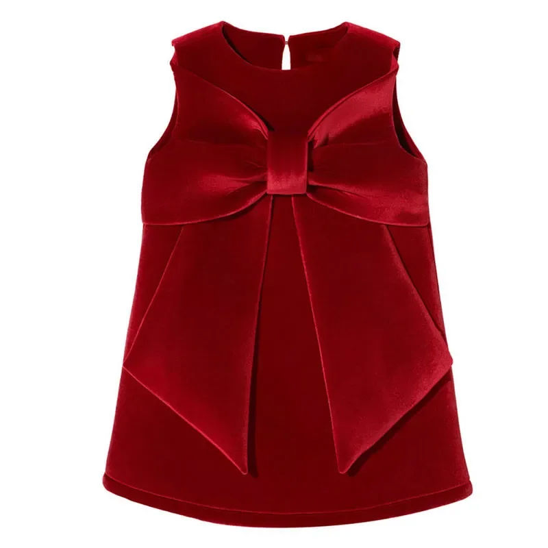 

2025 New Year Child Big Bow Red Corduroy A-line Dress Party Princess Kids Dresses For Girls Christmas Clothing 1-6 Year Old