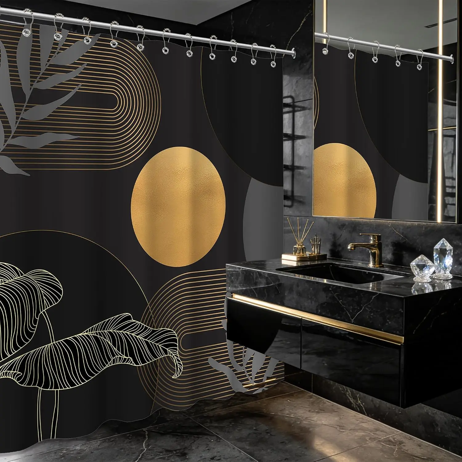 Luxury Gold Tropical Leaf Abstract Geometric Shower Curtain Liner Modern Boho Bathroom Decor Polyester Art Shower Curtain Panel