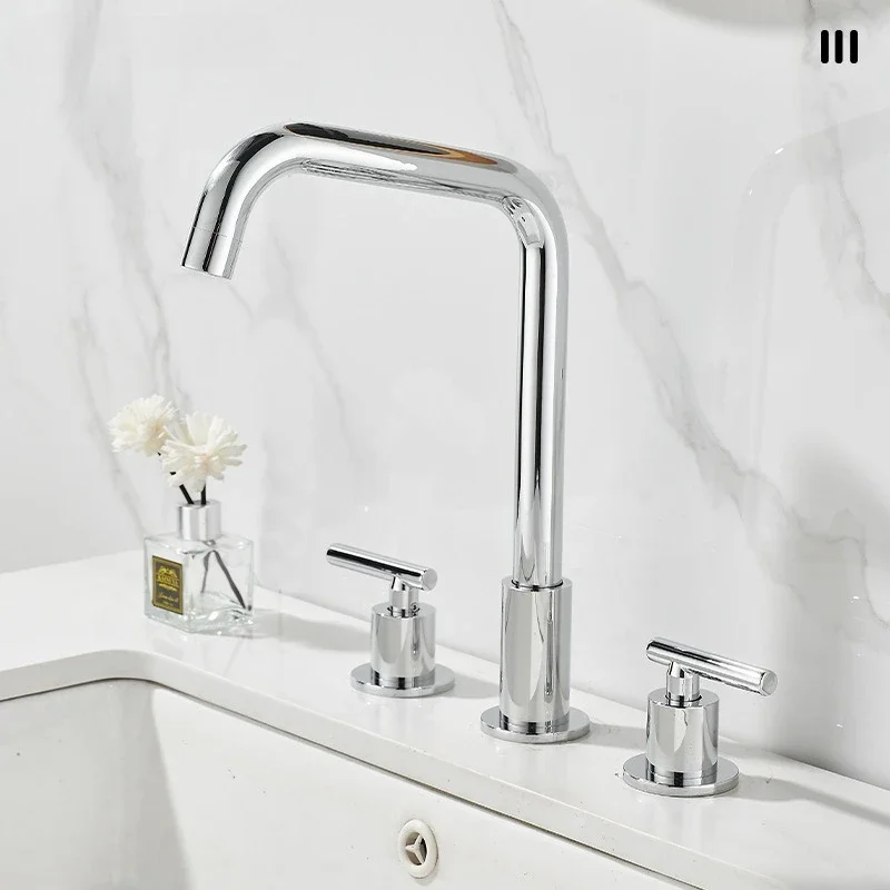 French light luxury vintage copper double handle faucet bathroom split three holes basin hot and cold water faucet