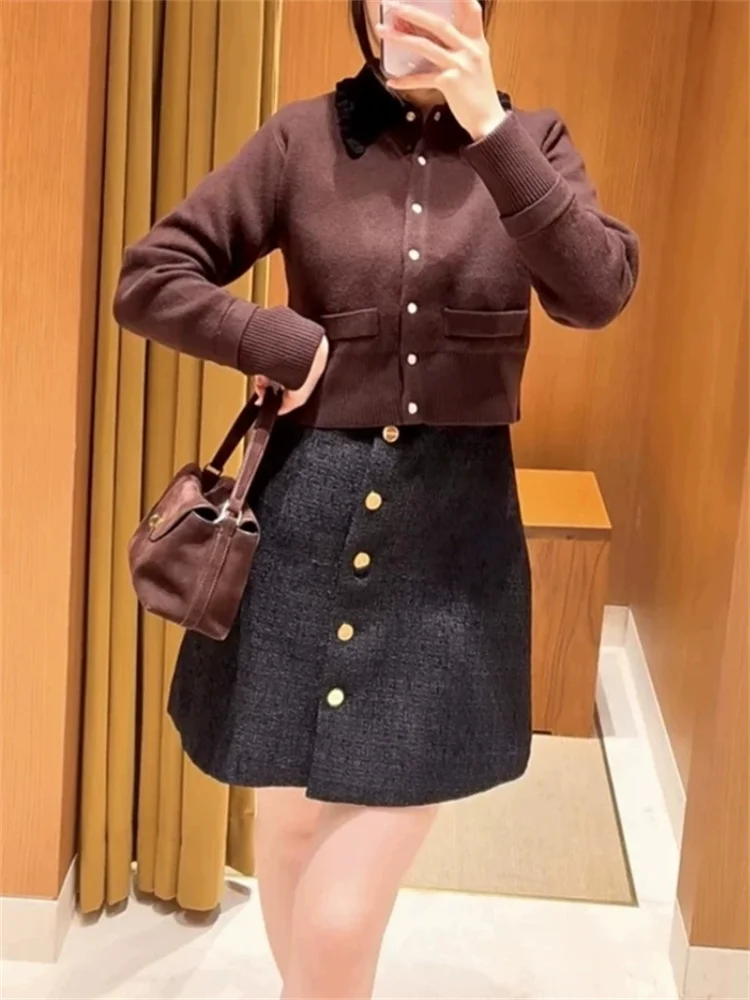 Women's Contrast Color Collar Knitted Cardigan Single-Breasted Slim Fit Female Long Sleeve Sweater Knitwear Tops