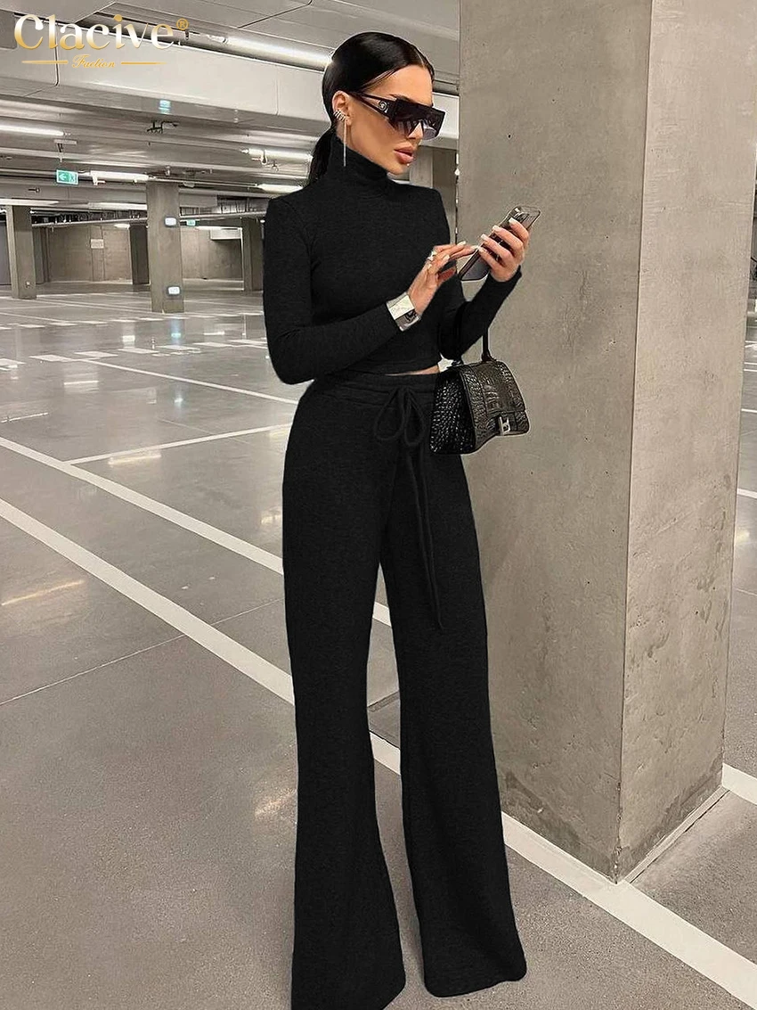 Clacive Winter Slim Gray 2 Piece Sets Women Outfit Fashion Long Sleeve Crop Top With High Waist Wide Pants Set Female Streetwear