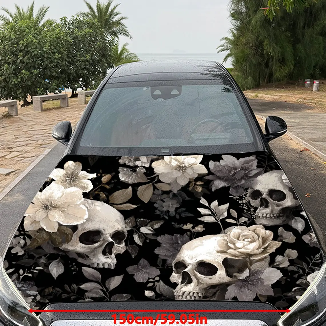 Gothic - Style Floral Skulls Car Vinyl Wrap, PVC Material Waterproof Car Hood Sticker, Self-Adhesive Scratch-Resistant Stickers