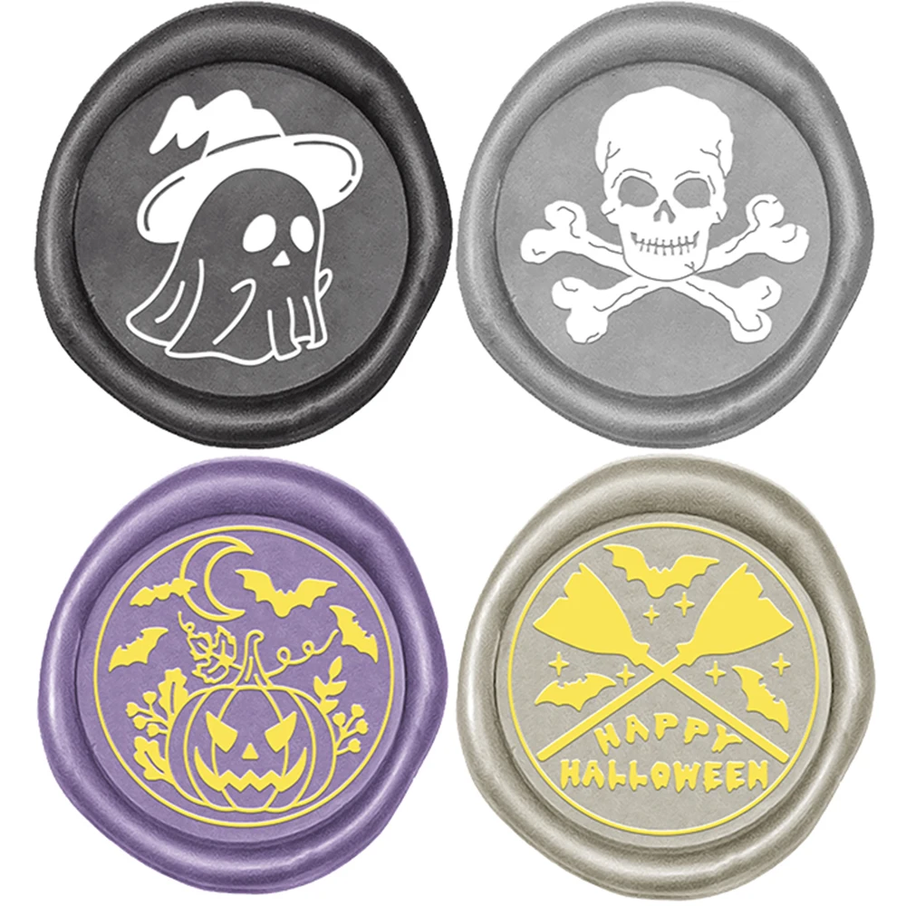 

1pc Round Wax Seal Stamps Ghost Skull Head Pumpkin Broom Happy Halloween 25mm Removable Brass Head DIY Party Invitation Card