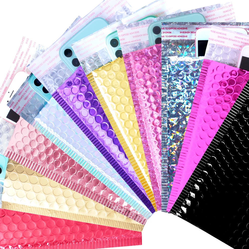 50PCS Gift Packaging Holographic Metallic Bubble Mailer Glamour Colorful Silver Shades Foil Cushion Padded Shipping Envelope Bag