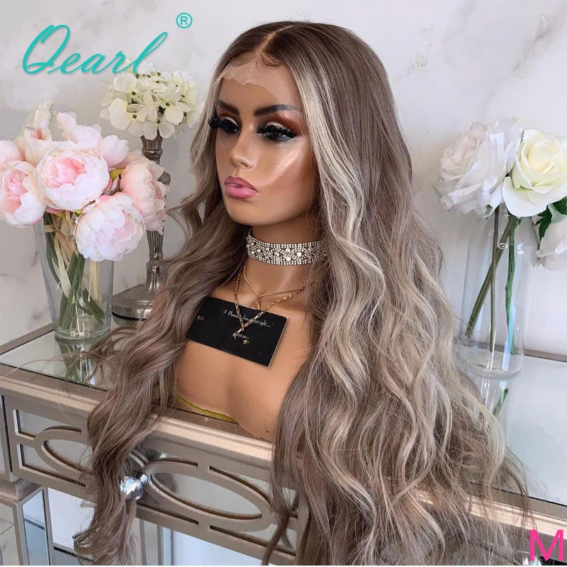 

Full Lace Human Hair Wigs HD Transparent Ash Grey Light Blonde Highlights Lace Frontal Wig 13x6 Loose Wave Remy Hair 180% Qearl