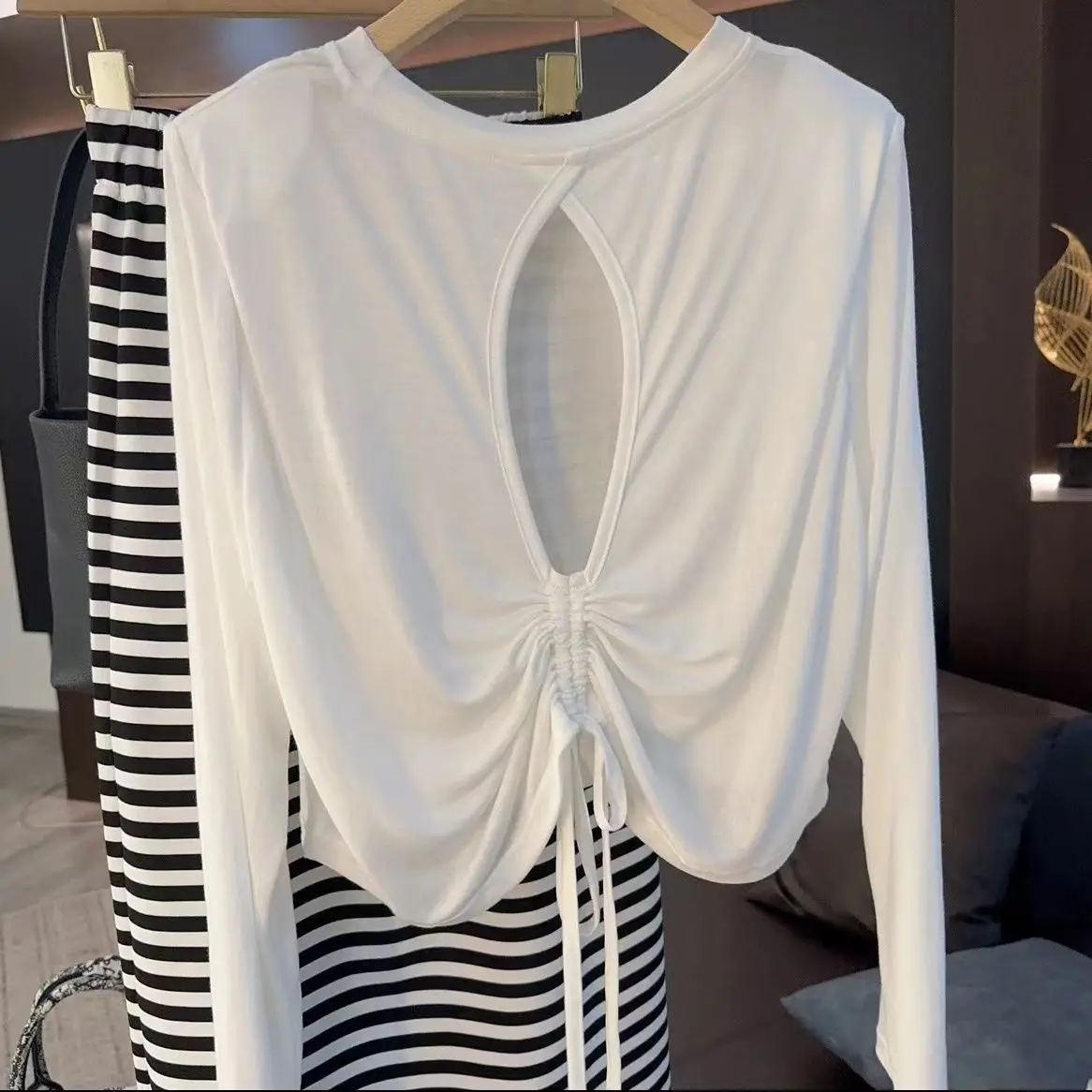 Spring Autumn Long Sleeve Loose Striped T-Shirt Sun Protection Top Base Layer Small Size Women's Fashion Set Korean Style