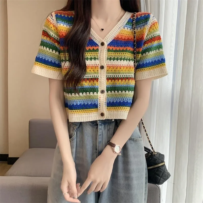 Boring Honey V-Neck Rainbow Colors Women's T-Shirt Single-Breasted Short Sleeve Women's Clothes For Women Hollow Out Knitted Top