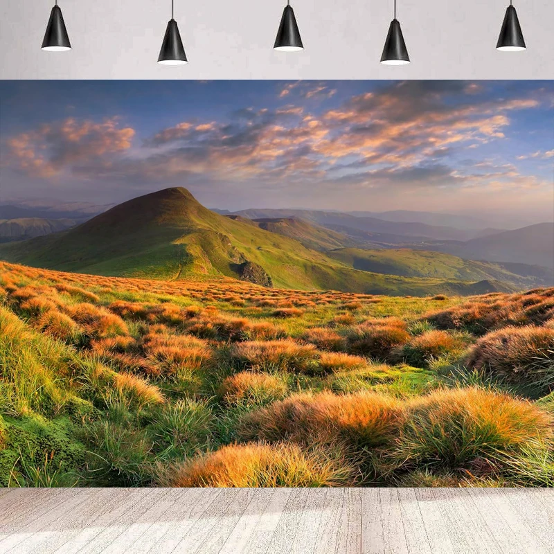 Autumn Landscape Photography Backdrop Grass Field Mountains Fall Season Countryside Sunset Scenery Background Wall Camping Party