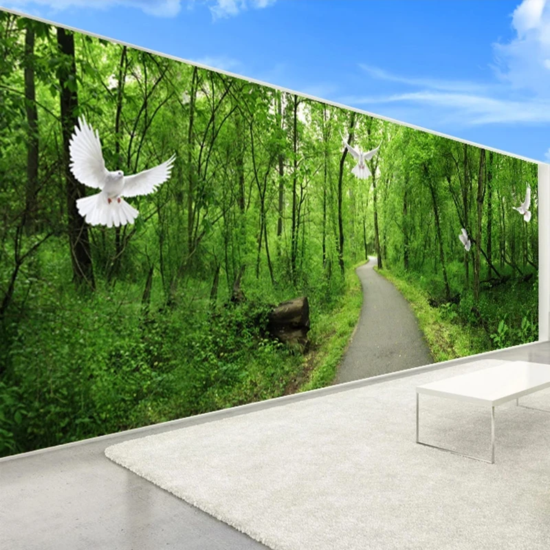 

Custom Photo Mural Wallpaper For Living Room Bedroom Walls 3D Green Forest Path White Pigeon Background Wall Decoration Painting