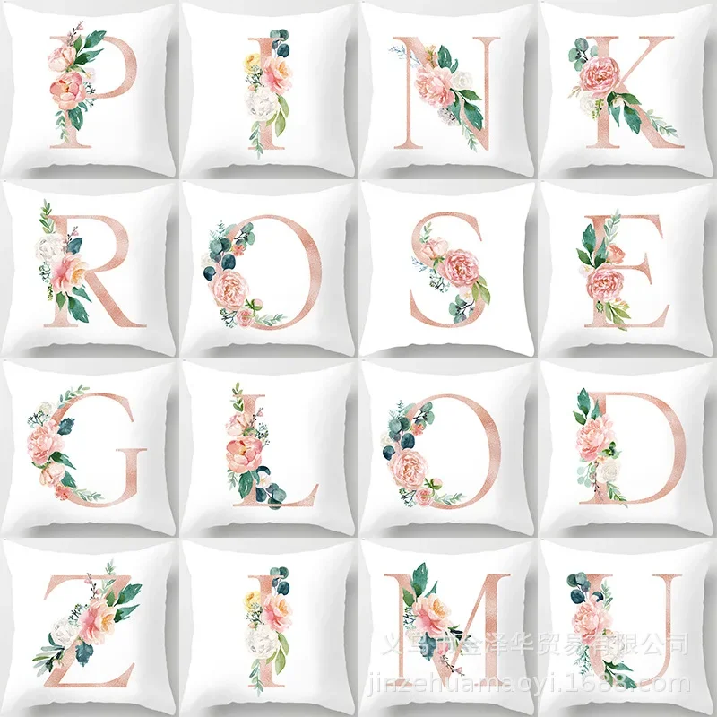 Throw Pillow Covers Alphabet Decorative Pillow Cases ABC Letter Flowers Cushion Covers 18 x 18 Inch Square Pillow Protectors