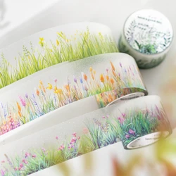 2M/Rol Schattig Groen Gras Bloemen Pet Tape Papier Decoratief Journaling Plakband Plakband Scrapbooking Ambachtelijk Dagboek Briefpapier