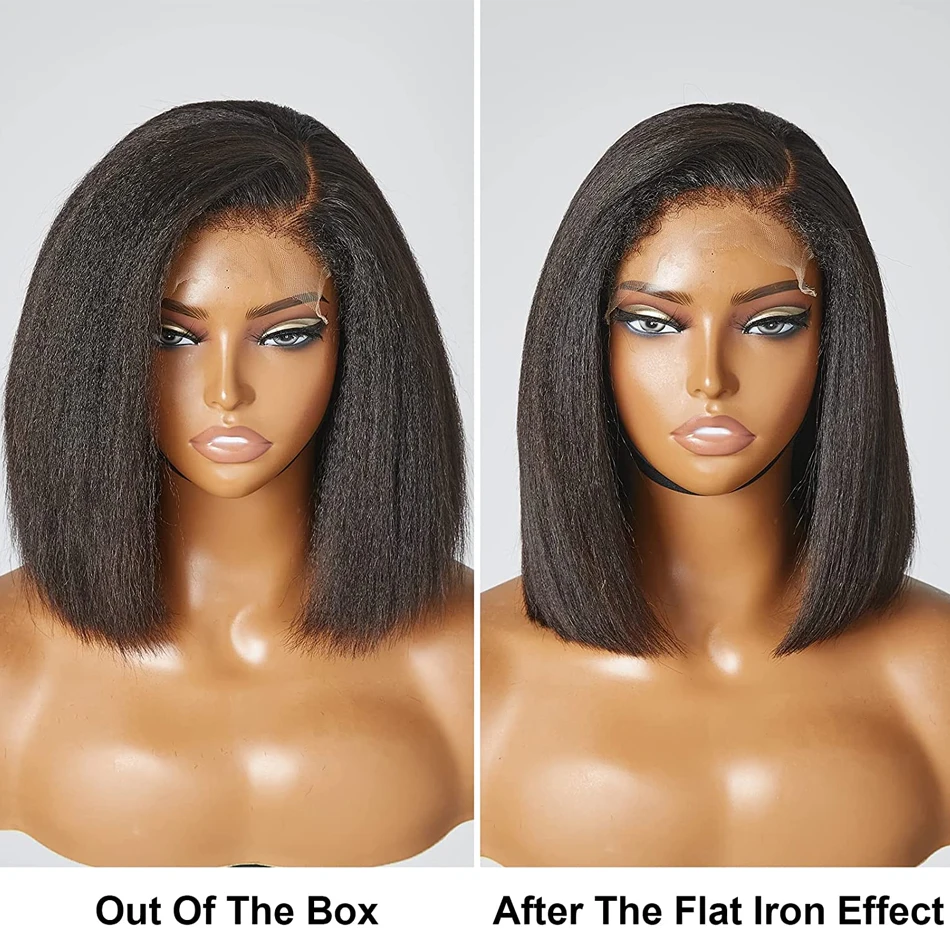 Glueless Kinky Straight Bob Wigs 100% Human Hair 13x4 Lace Front Wig For Women Natural Color 8-14Inch Yaki Straight Bob Ready Go
