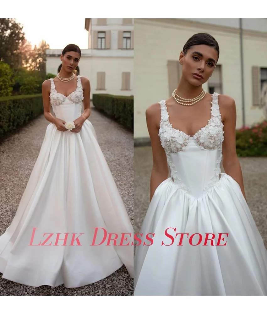 カスタマイズされた優雅なサテン A ライン スパゲッティ ストラップ アップリケ イブニング ドレス セクシー ノースリーブ 恋人 フロアレングス プロム ドレス