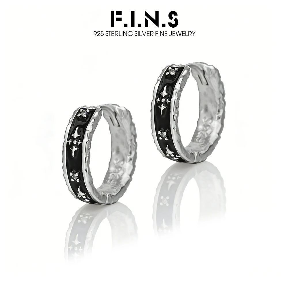F.I.N.S Black and Gold Star S925 Sterling Silver Hoop Earrings Minimalist Style Black Enamel Round Ear Buckles Fine Jewelry