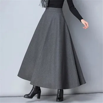 Gonna lunga di lana da donna invernale Moda a vita alta Mamma Gonna di lana basic Donna Casual Spessa calda nera Elastico A-Line Maxi gonne