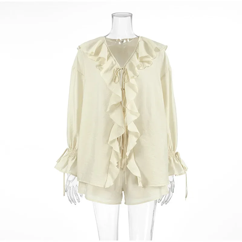 

Women's Beige Two-Piece Set 2025 Summer Boho Ruffled V-neck Blouse with Shorts Outfit Flare Sleeve Lotus Leaf Edge Shorts Suit