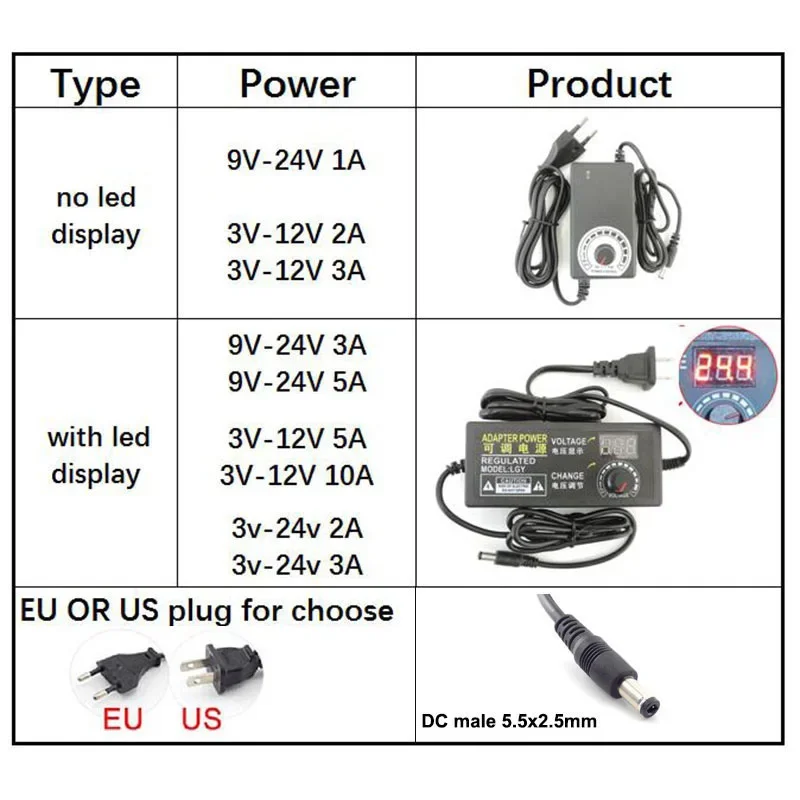 Universal Adjustable Power Supply charger Adapter AC DC 9V 24V 3V 5v 8v 12V 1A 2A 3A 5A volt 110V 220V To DC 8/10pin connector t