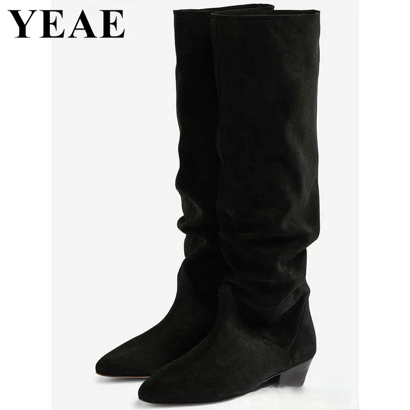 2024 New Women\'s Pleated Knee-high Boots Female Slip On Long Knight Boots Woman Winter Autumn Pointed Toe Western Cowboy Boots