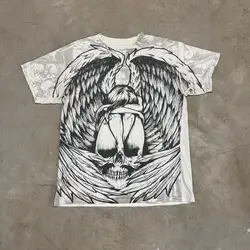 Y2K Style Skull Angel All Over Print T-Shirt Large 20 inches PtP Printing Oversized Shirt Gothic Clothing Top Streetwear