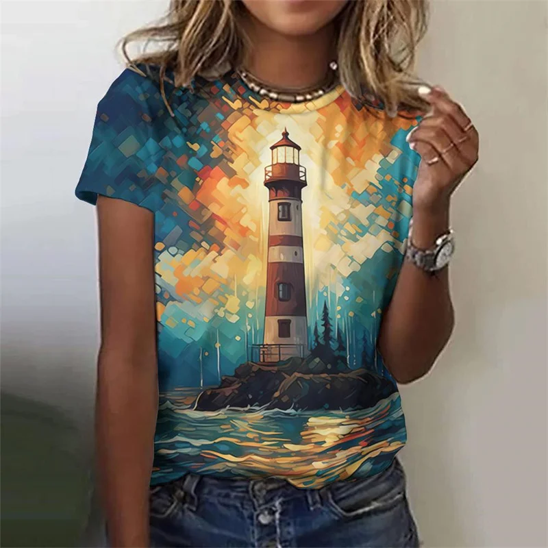

3D Printed Ocean Lighthouse T-Shirt for Women Night Scene Graphic Tees Summer Casual Harajuku T Shirts Short Sleeves O-Neck Tops