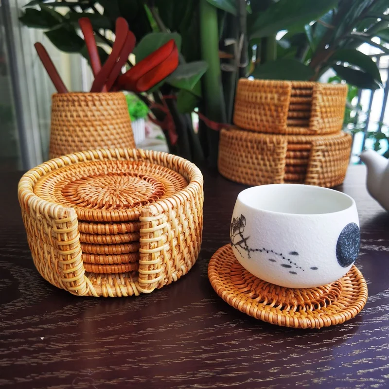 6PCS Rattan Tea Coaster Tea Ceremony Pot Holder Rattan Bowl Pad Pot Pad Pot Pad Heat Insulation Pad Brown Yellow