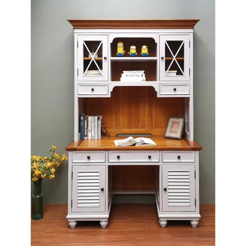 

Log computer desk with bookshelf, oak cherry wood custom all solid wood children's desk with bookcase